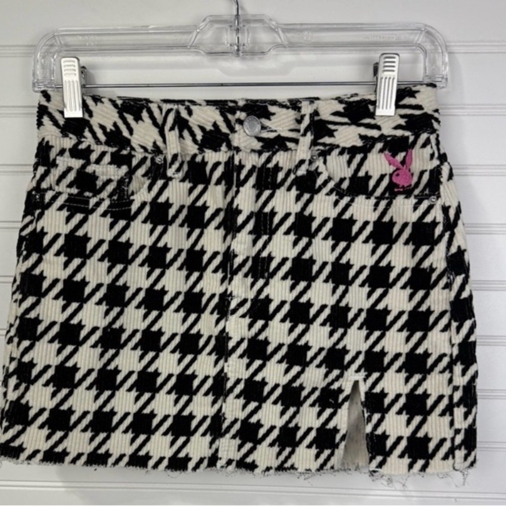 PLAYBOY Black & White Houndstooth Corduroy Mini Skirt with Pink Bunny